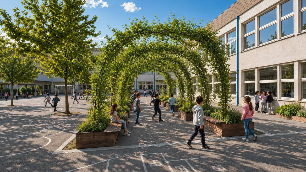 Tunnel d’arches végétales OMBRAO dans une cour d’école