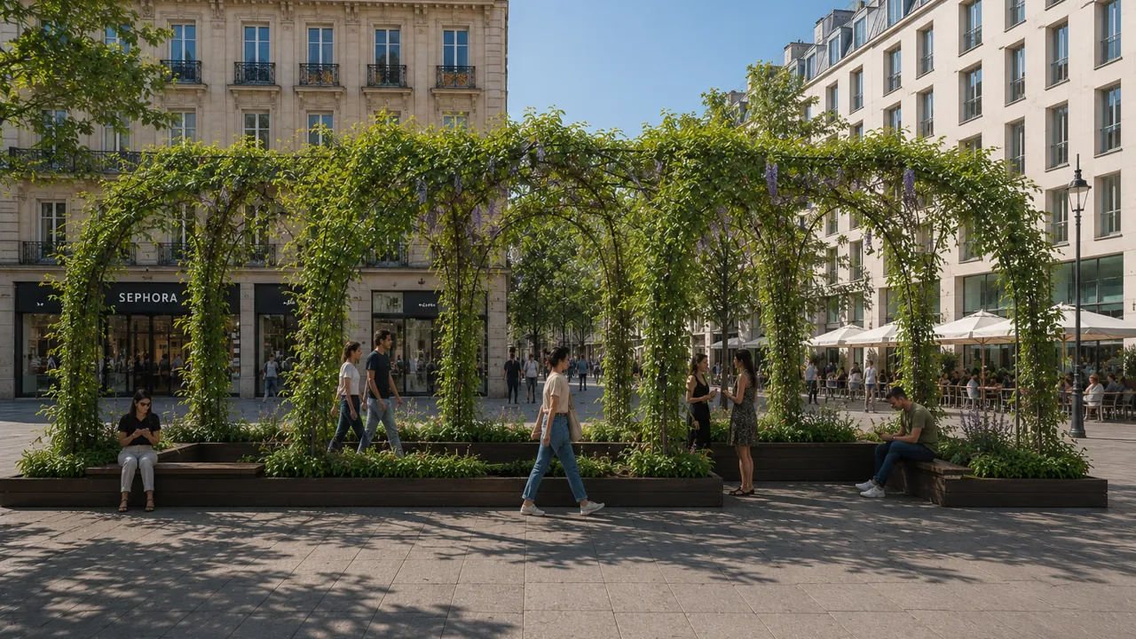 Arches végétales OMBRAO sur une place en ville, bordées de bancs et de jardinières